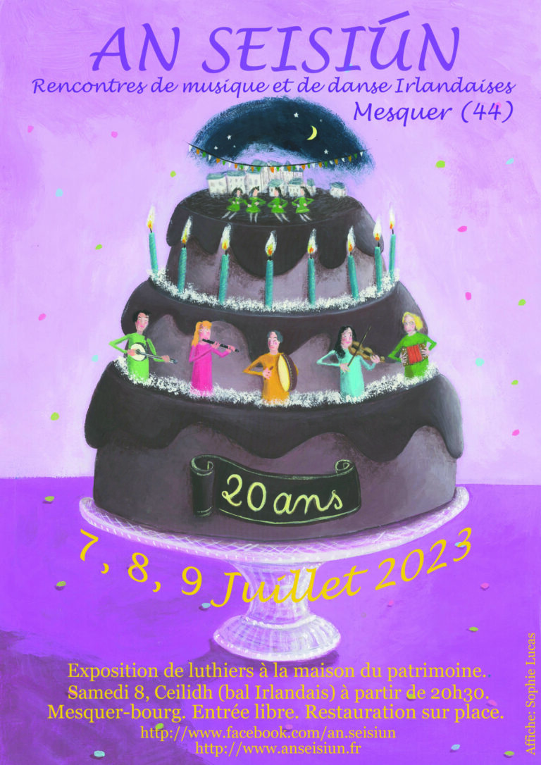 Affiche colorée pour le festival irlandais de musique et danse à Mesquer, Juillet 2023.