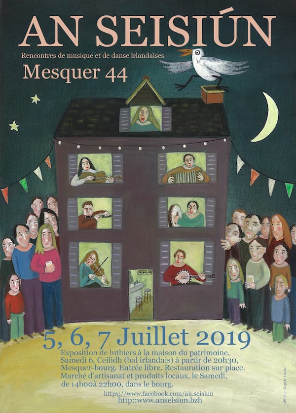 Affiche colorée événement musical irlandais, personnes, maison, oiseau.